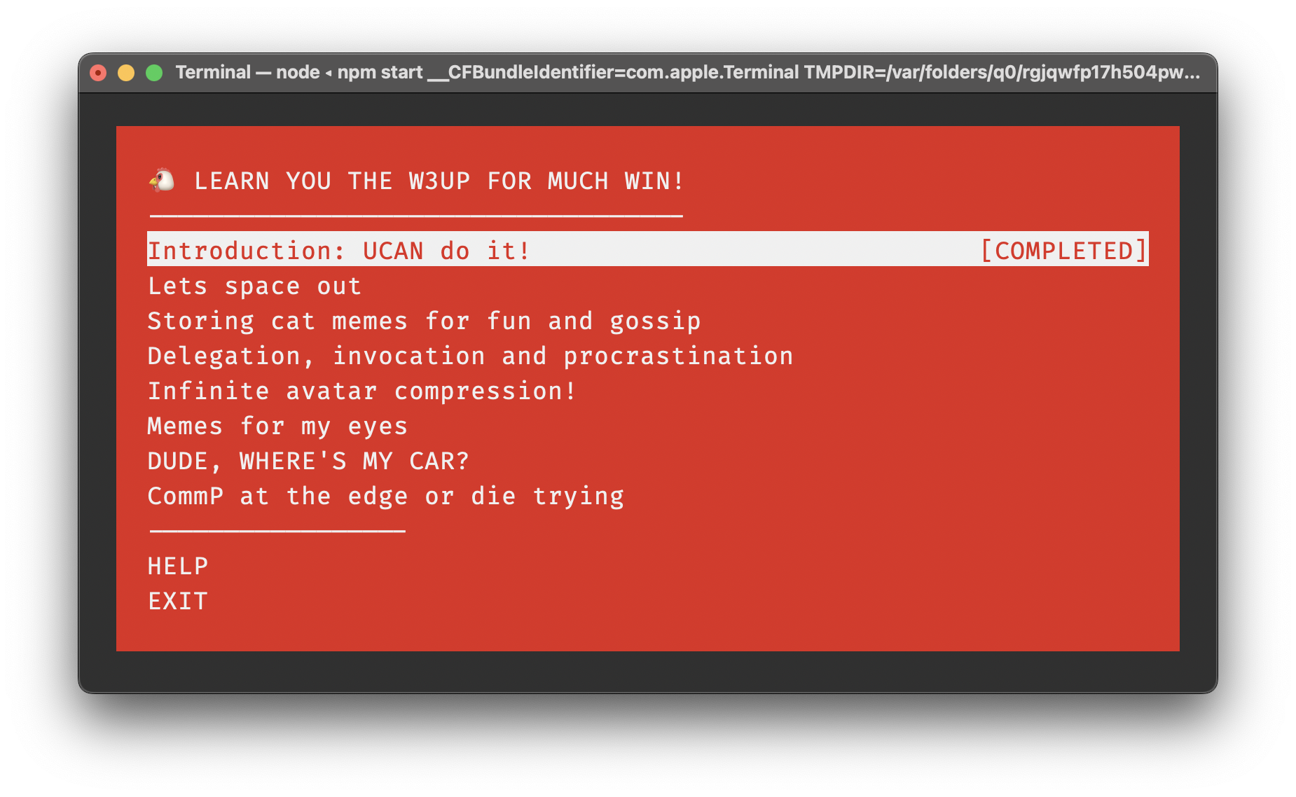 screenshot of the w3up workshop menu